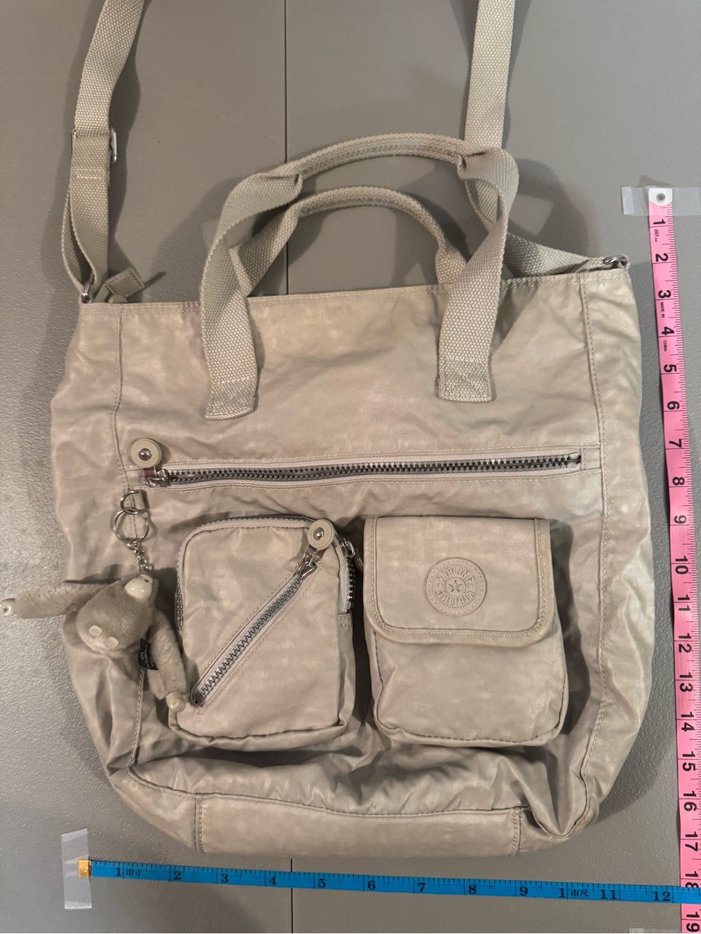 Kipling Grey Nylon Tote with Front Pockets and Charm